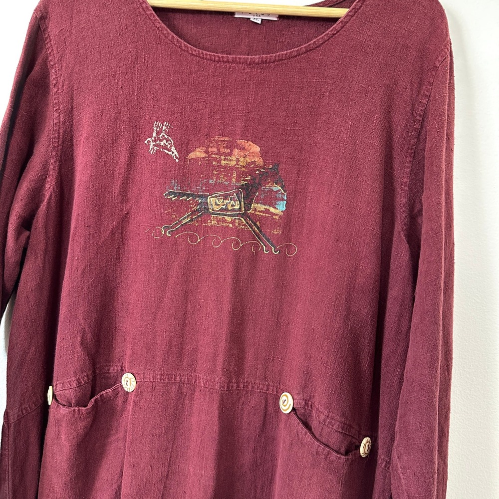 VTG 90s Linen Dress Lagenlook Art To Wear XL Southwestern Focus USA Pockets - Picture 2 of 11